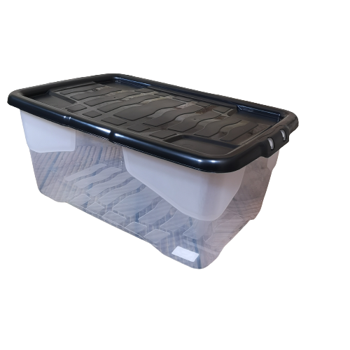 8 x 42L Clear Storage Box with Black Lid, Stackable and Nestable Design Storage Solution