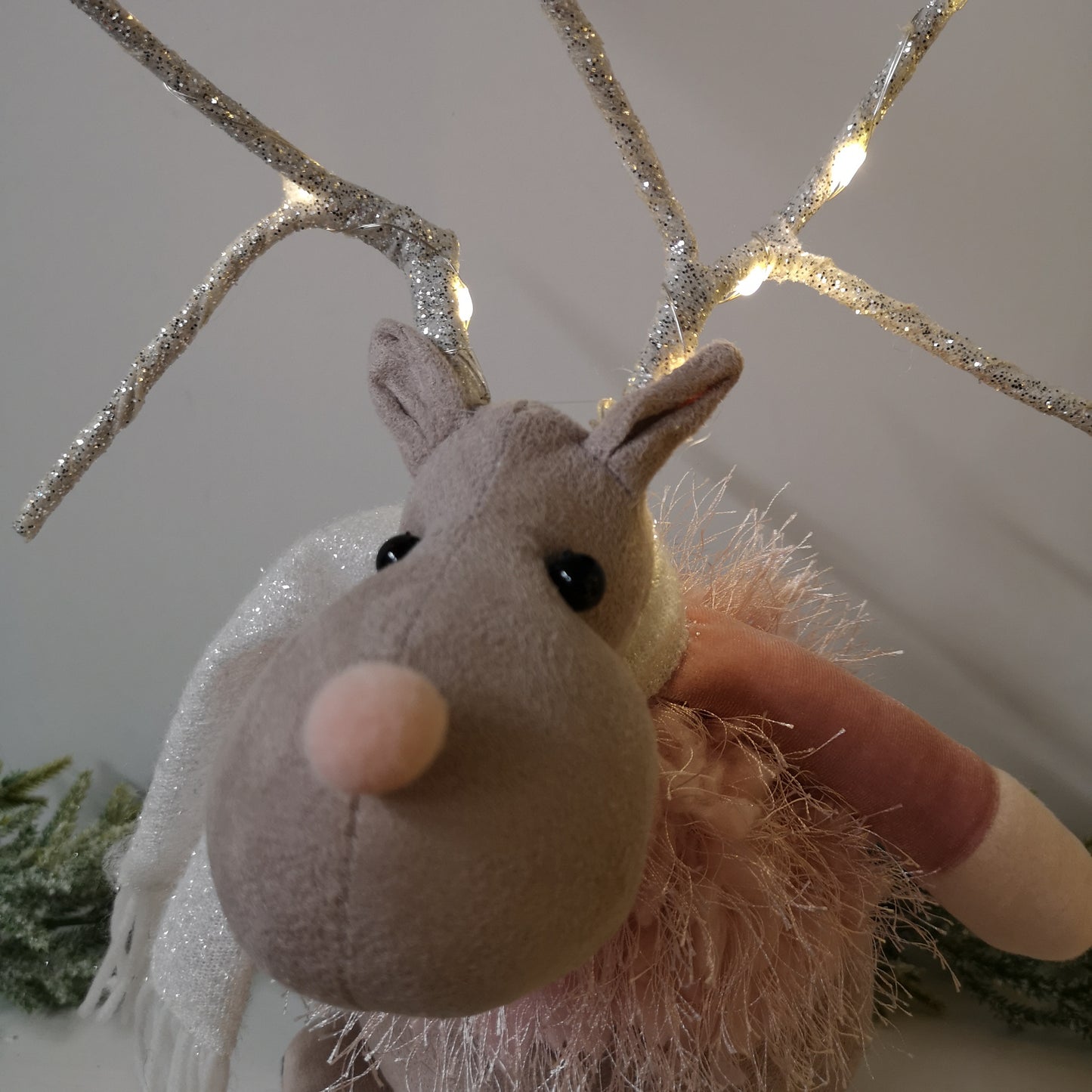 40cm Battery Operated Plush Pink Christmas Reindeer with LED Lit Antlers