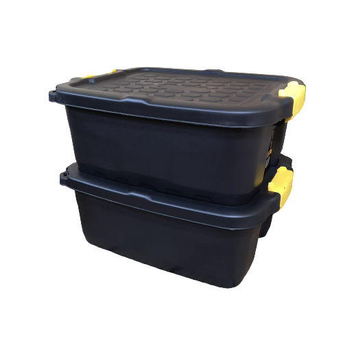 2 x 24L Heavy Duty Storage Boxes, Sturdy, Lockable, Stackable and Nestable Design Storage Chests with Clips in Black