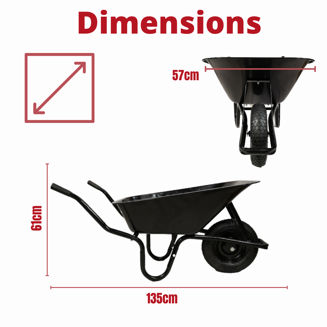 Black 90 Litre 150kg Capacity Heavy Duty Outdoor Galvanised Pneumatic Metal Garden Wheelbarrow