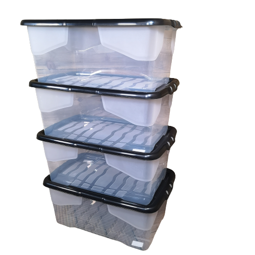 4 x 42L Clear Storage Box with Black Lid, Stackable and Nestable Design Storage Solution