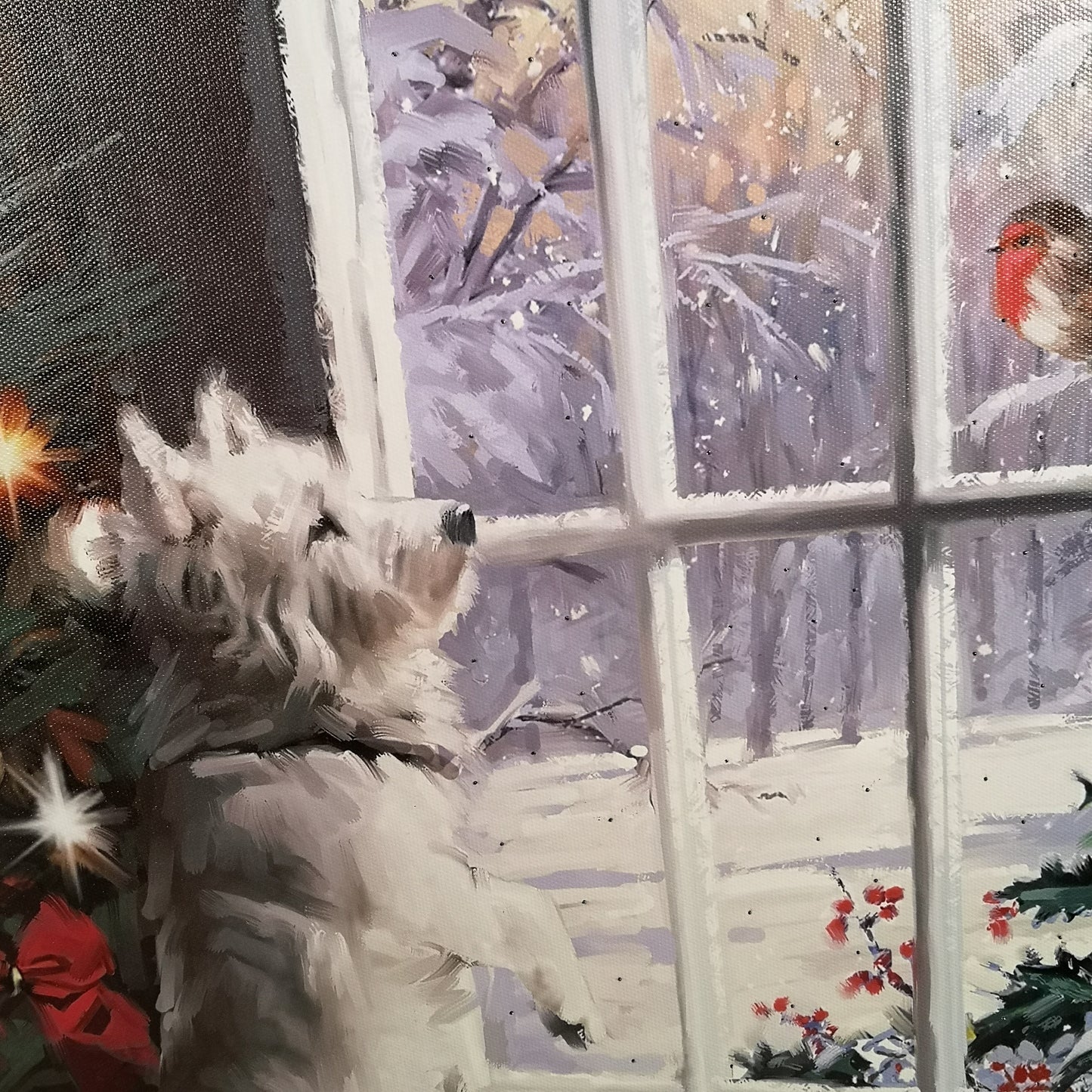 Snowtime Christmas 40cm x 30cm Festive Dog & Robin Fibre Optic Wall Canvas