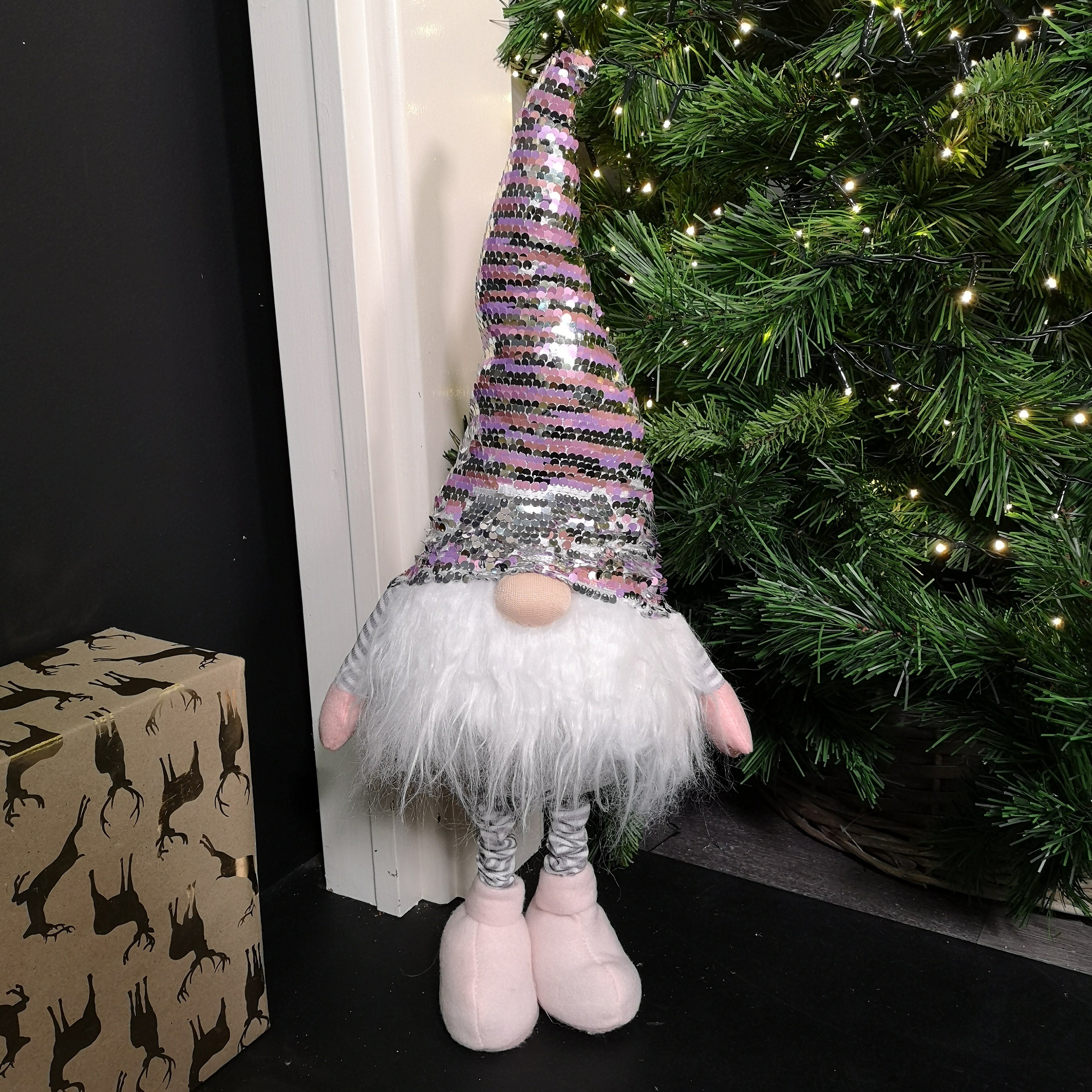 70cm Extendable Leg Grey Pink and White Christmas Gonk with Sequin Hat