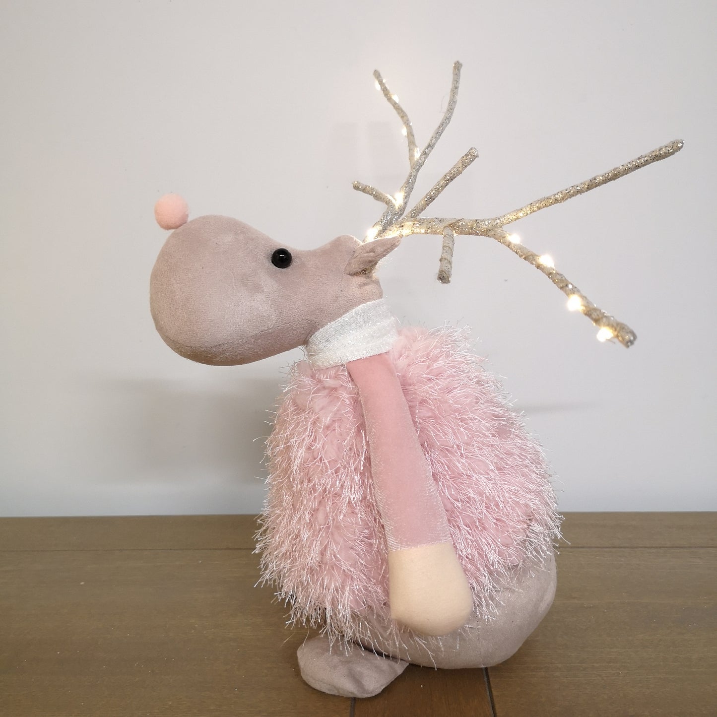 40cm Battery Operated Plush Pink Christmas Reindeer with LED Lit Antlers