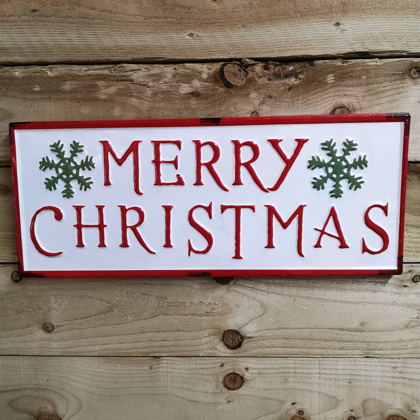 57cm Merry Christmas Metal Sign with Snowflake in Red White and Green