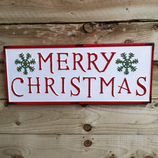 57cm Merry Christmas Metal Sign with Snowflake in Red White and Green