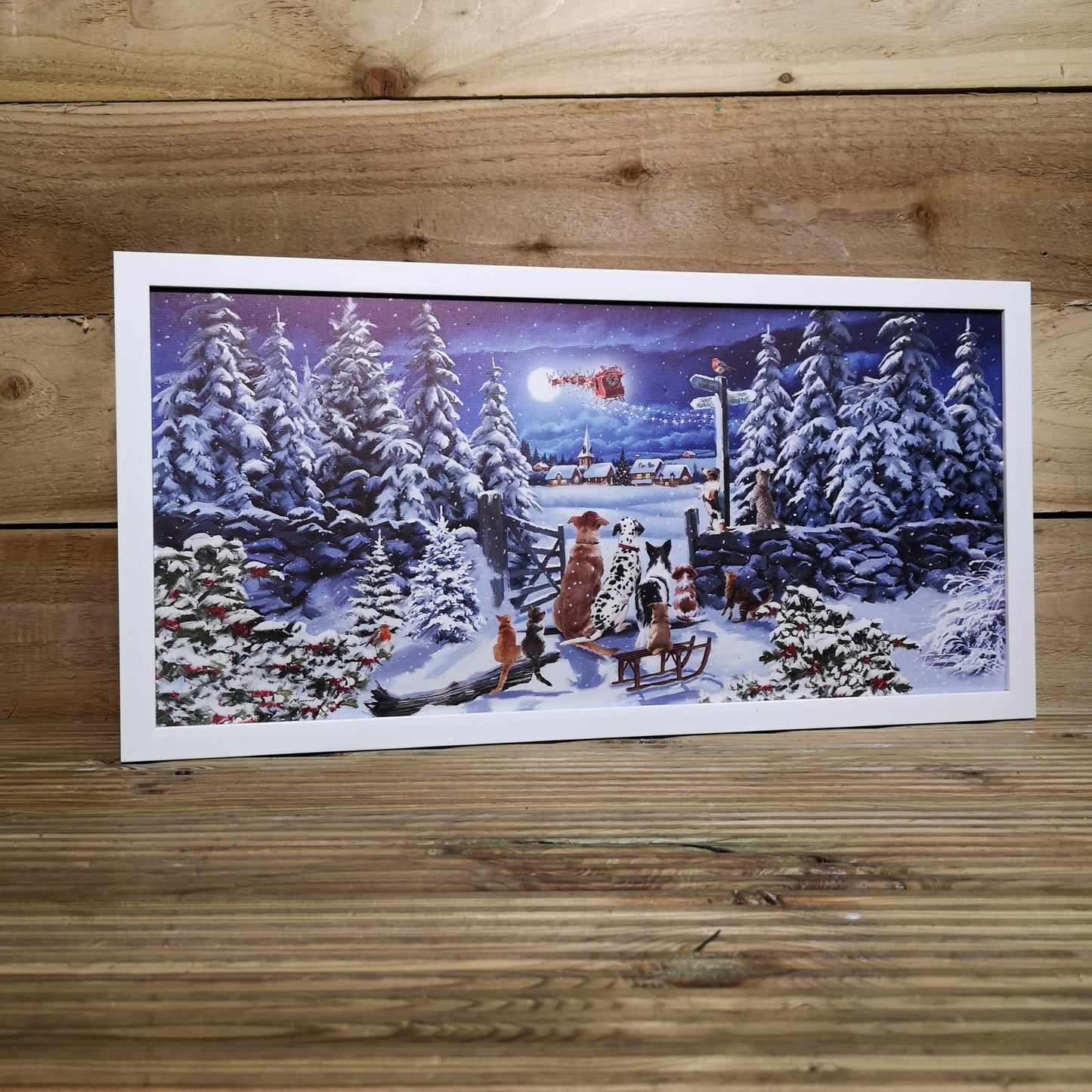 H30 x 60cm Battery Operated Fibre Optic Winter Dogs Watching Santa Sleigh Scene Touch Activated Christmas Canvas