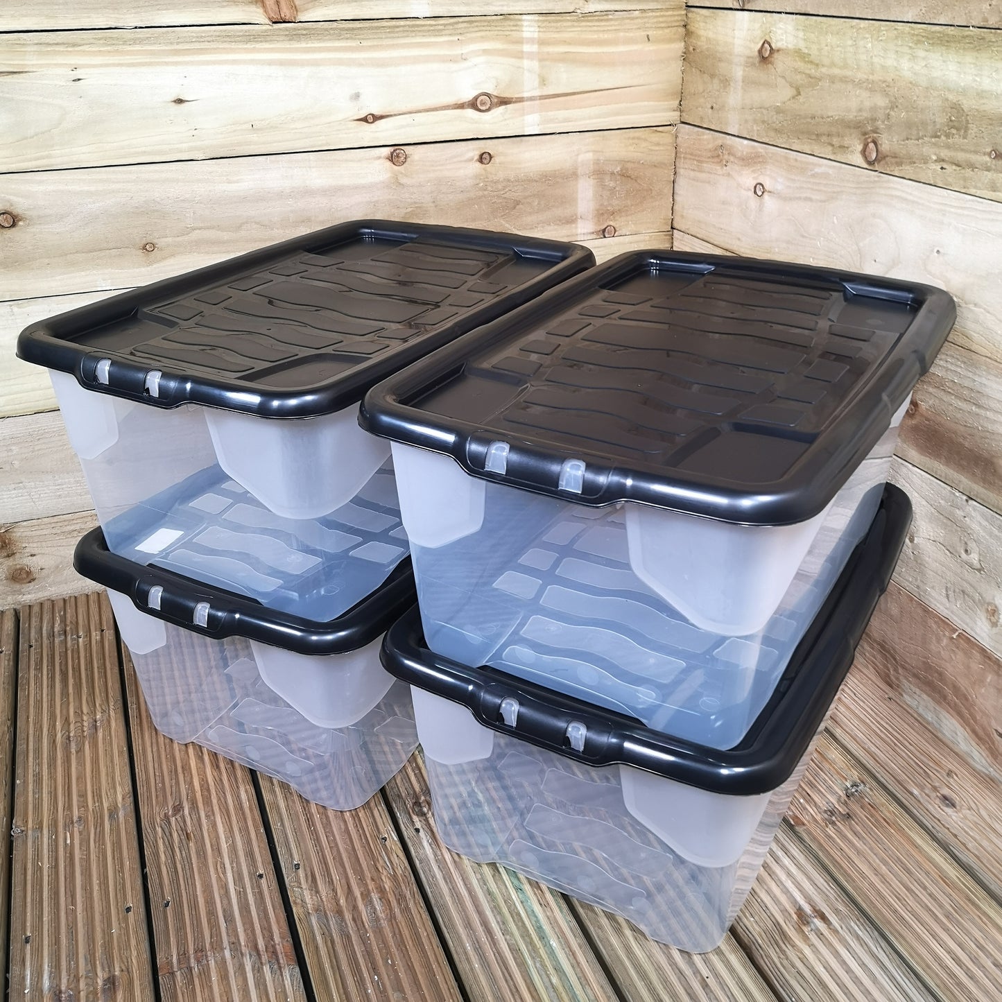 4 x 42L Clear Storage Box with Black Lid, Stackable and Nestable Design Storage Solution