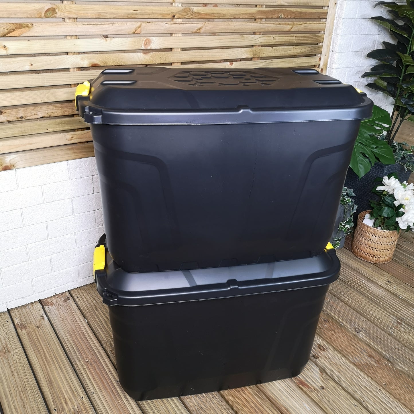 2 x 110L Heavy Duty Trunk on Wheels Sturdy, Lockable, Stackable and Nestable Design Storage Chest with Clips in Black