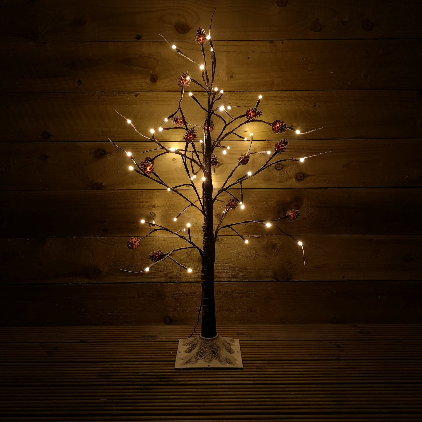 3ft Snowy Brown Twig Outdoor Christmas Tree with Pine Cones & 64 Warm White LEDs