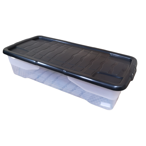 8 x 42L Clear Under Bed Storage Box with Black Lid, Stackable and Nestable Design Storage Solution