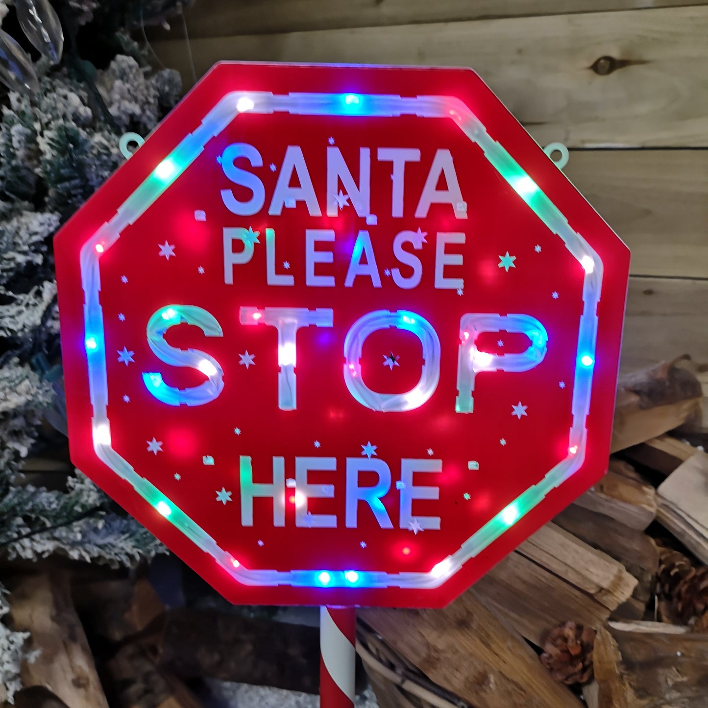 65cm Light Up Christmas Red and White Santa Stop Here Outdoor Sign with 45 Multi Colour LED