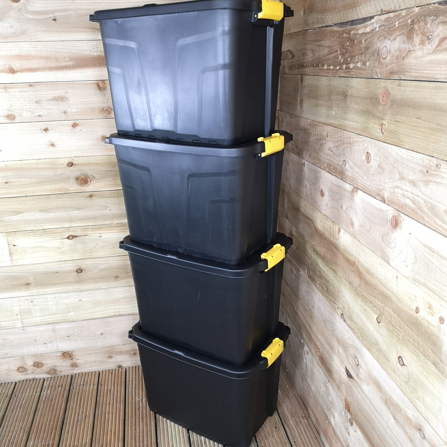 4 x 60L Heavy Duty Storage Tubs Sturdy, Lockable, Stackable and Nestable Design Storage Chests with Clips in Black