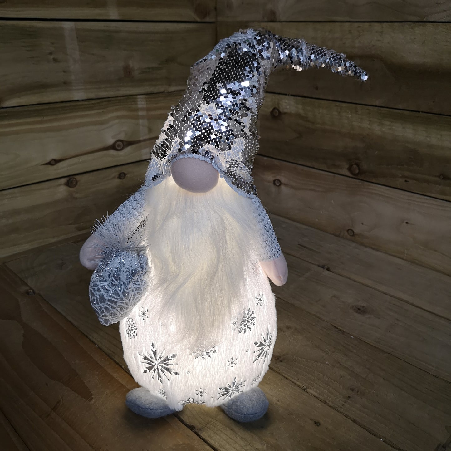 66cm Tall Light Up Christmas Gnome Gonk Decoration Silver Sequins and Snowflakes