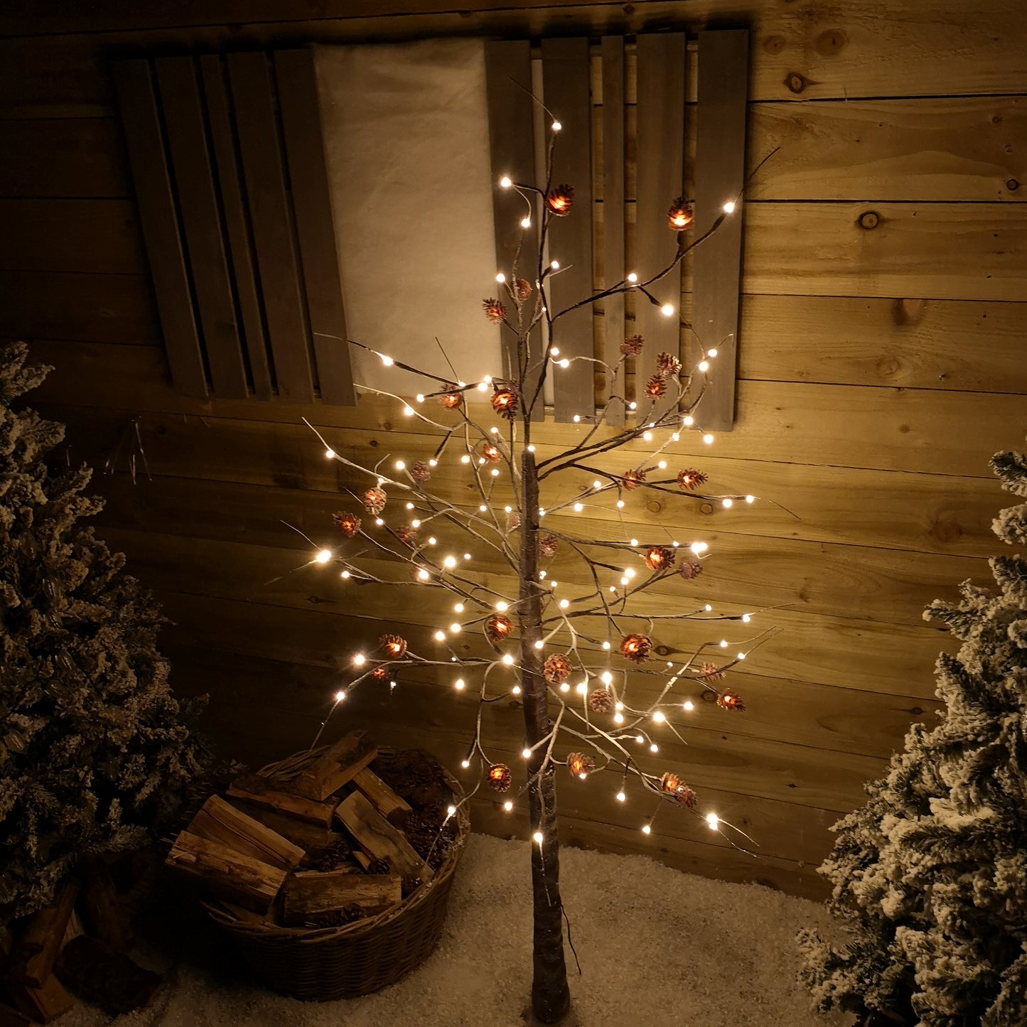 6ft Snowy Brown Twig Outdoor Christmas Tree with Pine Cones & 144 Warm White LEDs