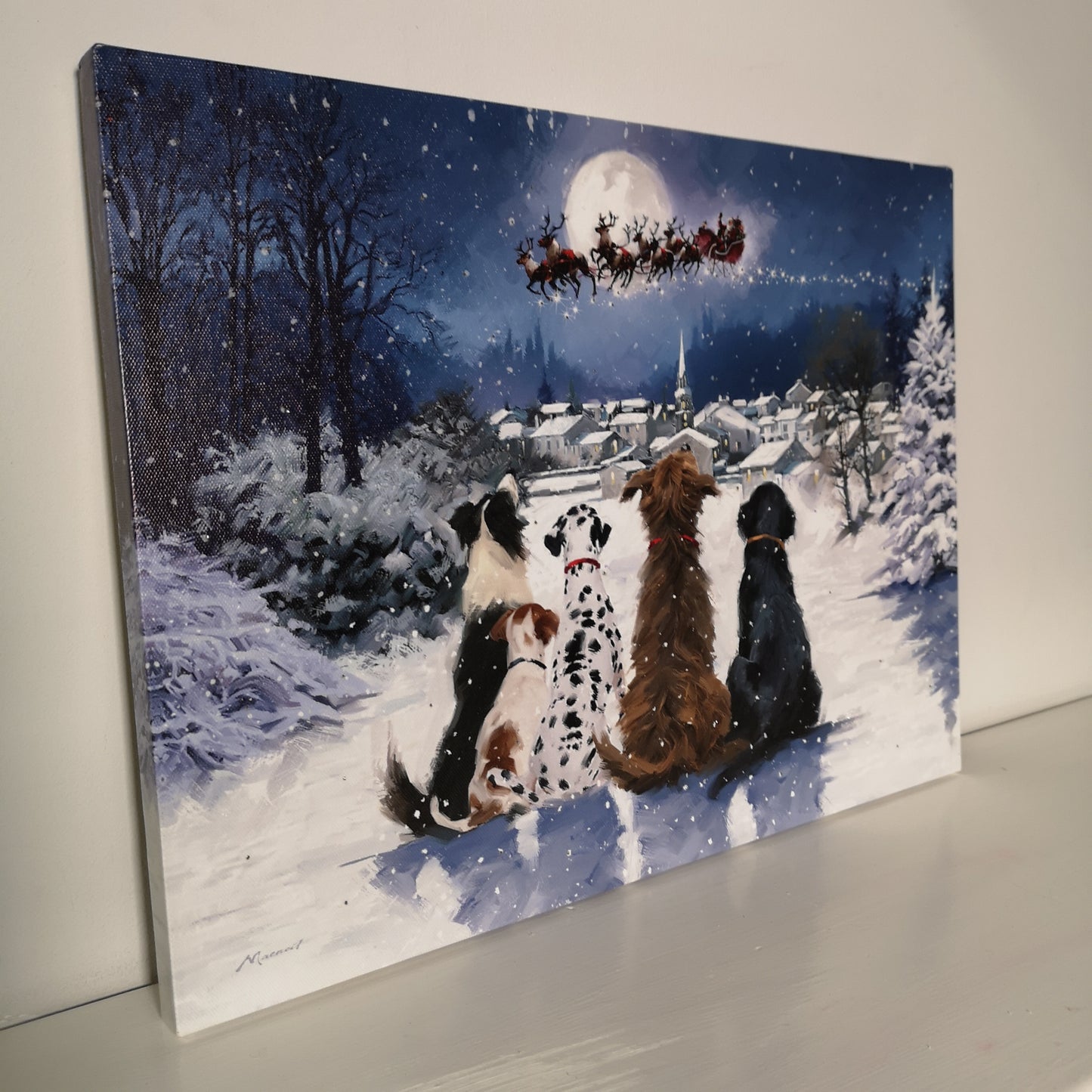 40 x 30cm Snowtime Touch Operated Christmas Dogs Fibre Optic Wall Canvas