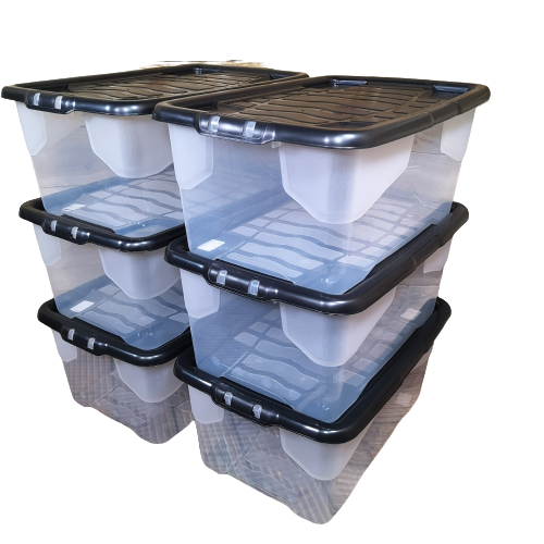 6 x 42L Clear Storage Box with Black Lid, Stackable and Nestable Design Storage Solution