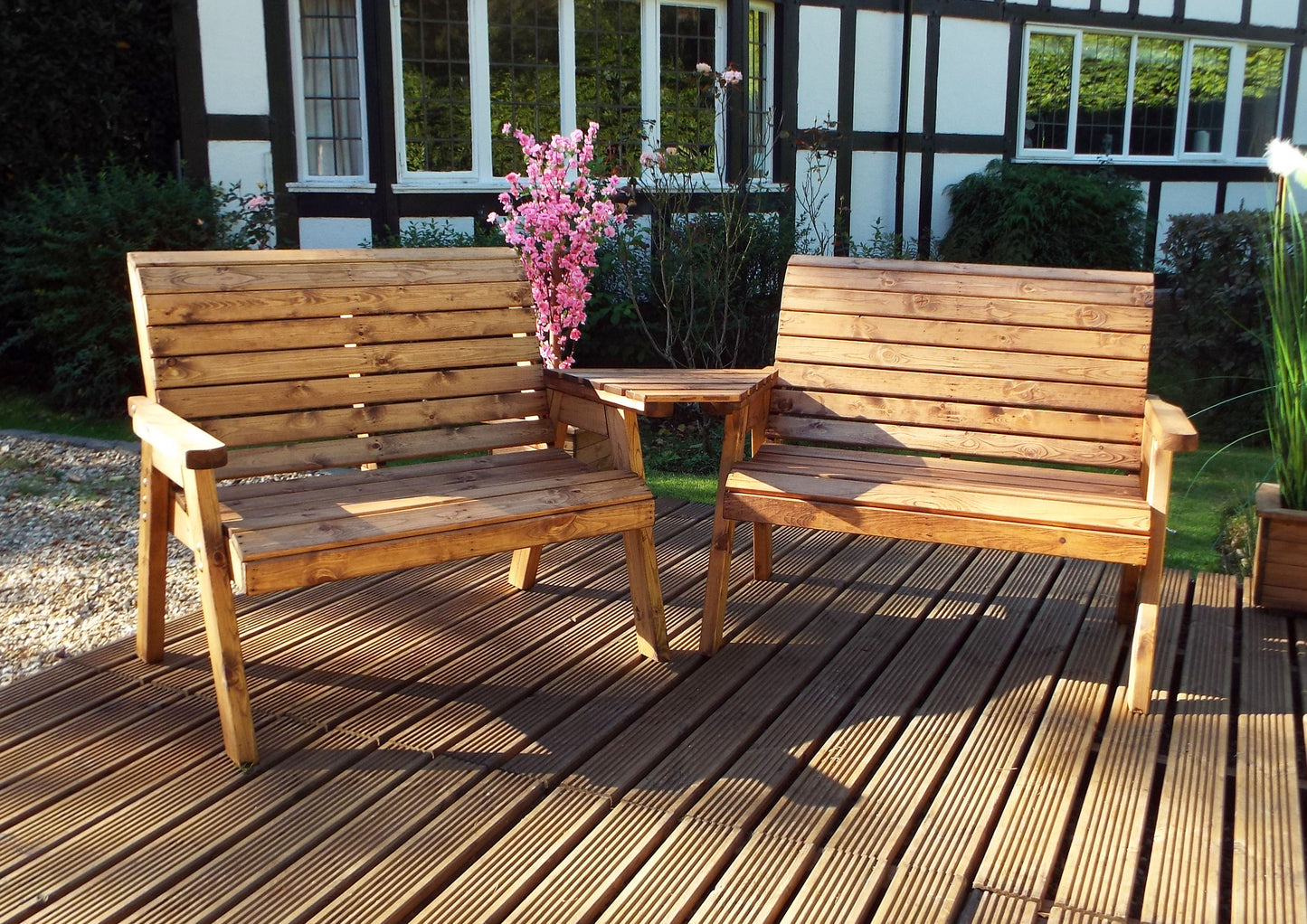 Hand Made 4 Seater Chunky Rustic Wooden Furniture Set 2 Benches With Angled Tray