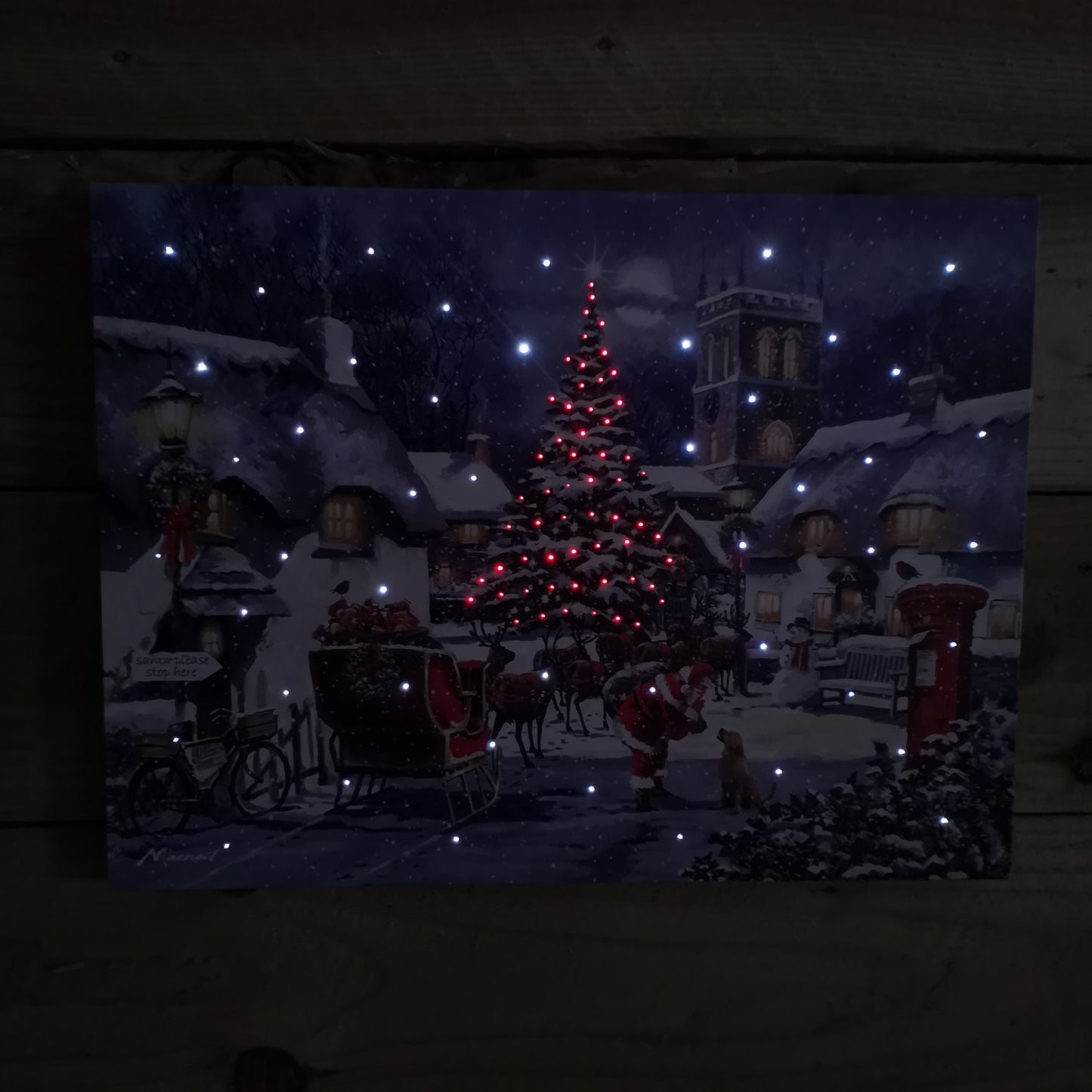 40 x 30cm Snowtime Touch Operated Santa And Village Christmas Fibre Optic Wall Canvas