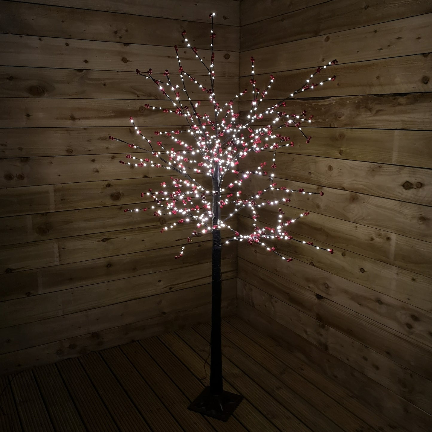 180cm 6ft Christmas Lit Black Twig Tree Red Berry 600 Warm White LED