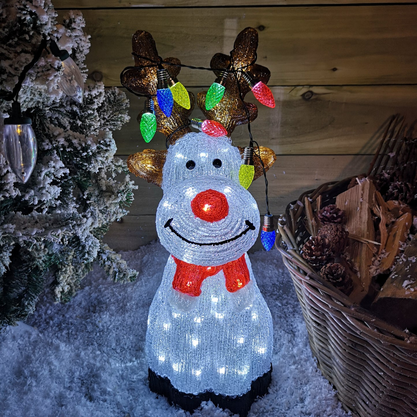 50cm Outdoor Acrylic Sitting Ice White Christmas Reindeer with Multi Coloured LED Lights on Antlers