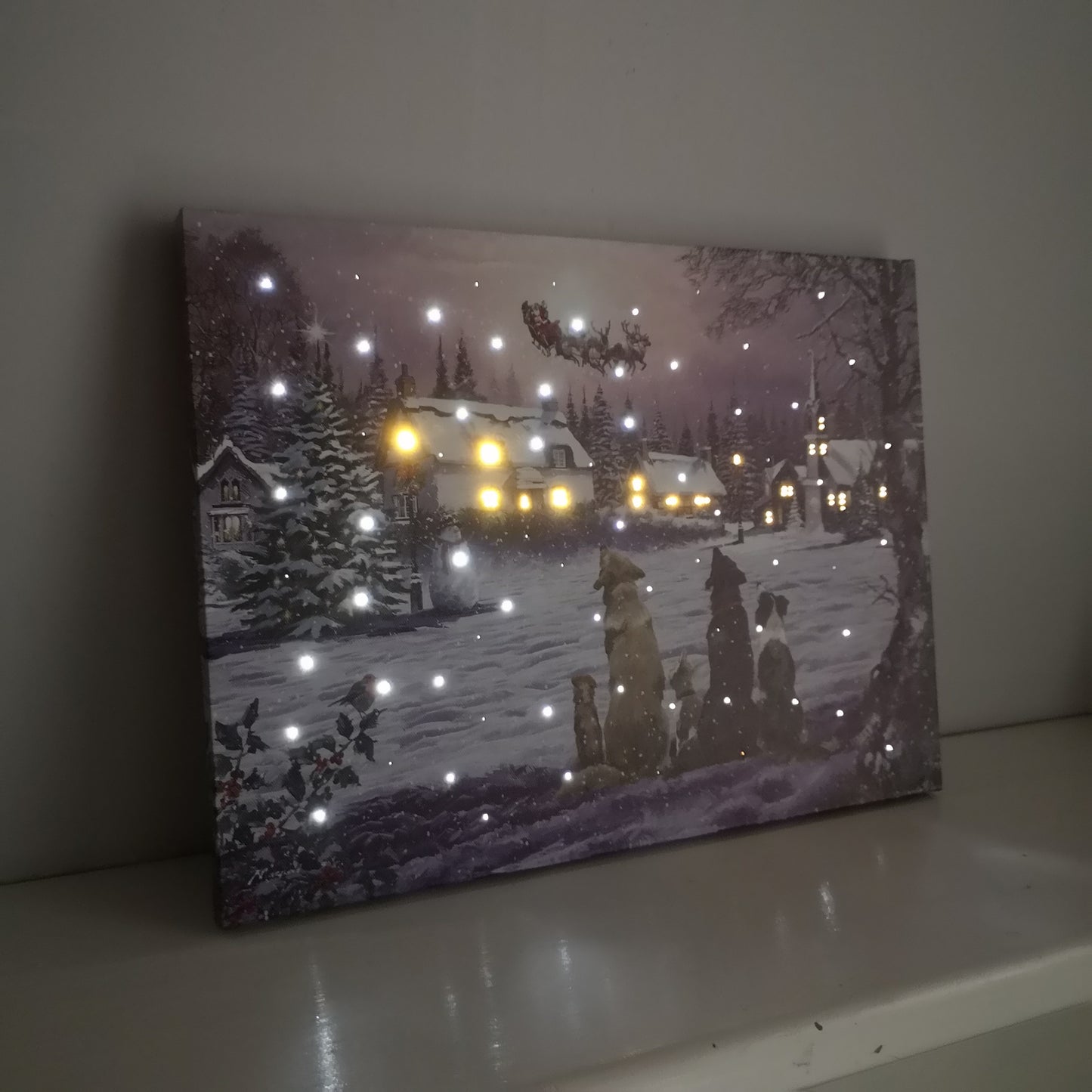 40 x 30cm Tap Activated Fibre Optic Christmas Wall Art Canvas with Dogs Watching Santa Scene