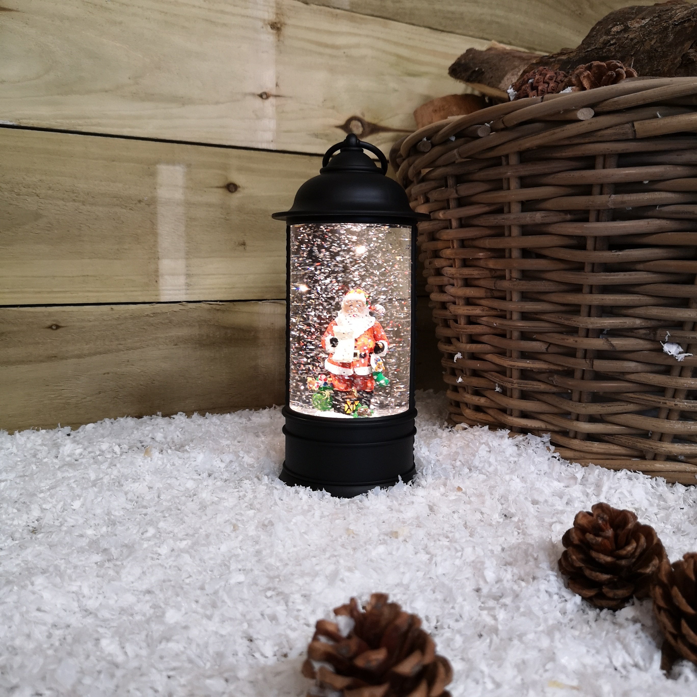 29cm Snowtime Christmas Water Spinner Antique Effect Lantern With Santa Scene  Dual Power