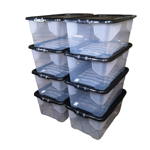 8 x 42L Clear Storage Box with Black Lid, Stackable and Nestable Design Storage Solution