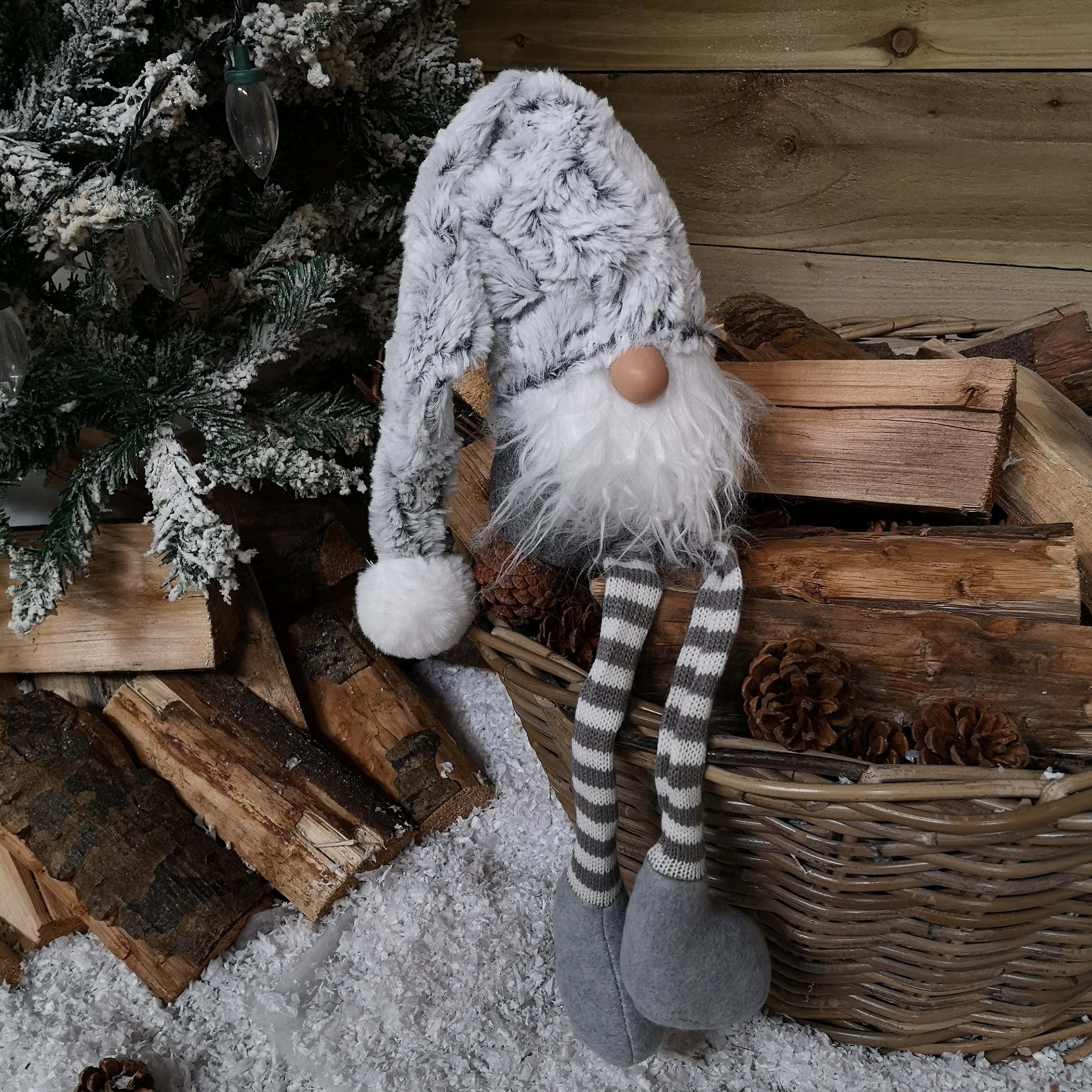 84cm Festive Male Grey Sitting Christmas Gonk with Oversized Hat & Dangly Legs