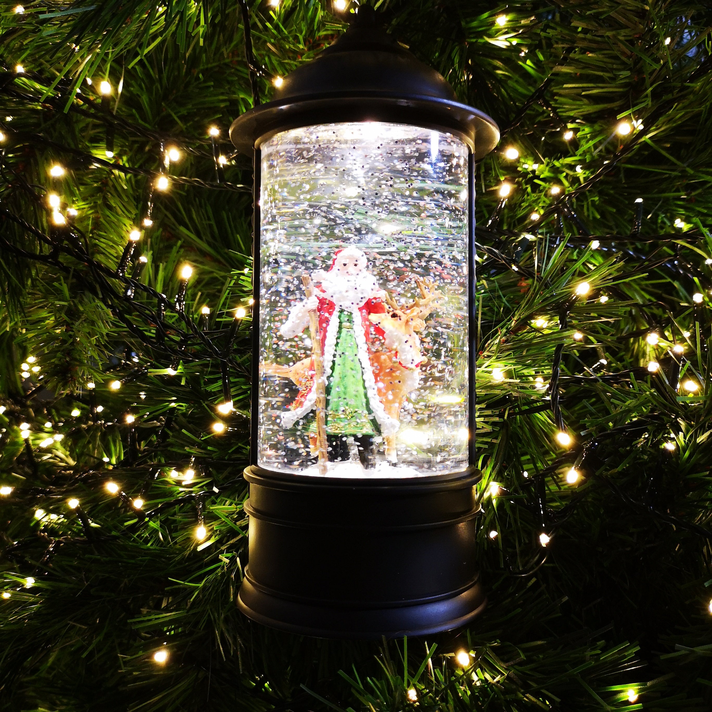 29cm Snowtime Christmas Water Spinner Antique Effect Lantern With Santa & Reindeer Scene  Dual Power