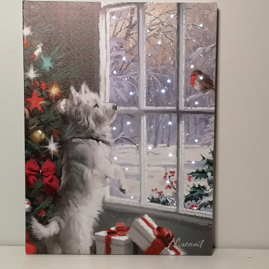 Snowtime Christmas 40cm x 30cm Festive Dog & Robin Fibre Optic Wall Canvas