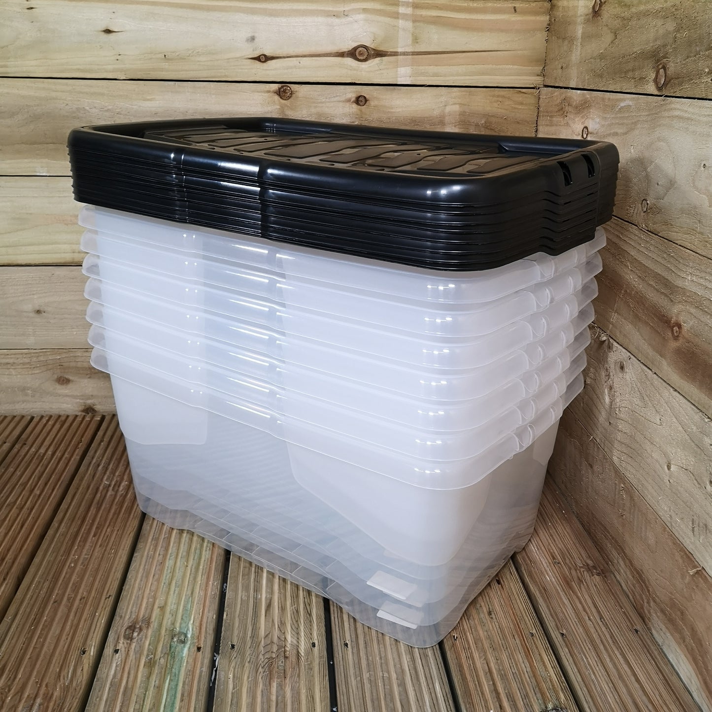 8 x 42L Clear Storage Box with Black Lid, Stackable and Nestable Design Storage Solution