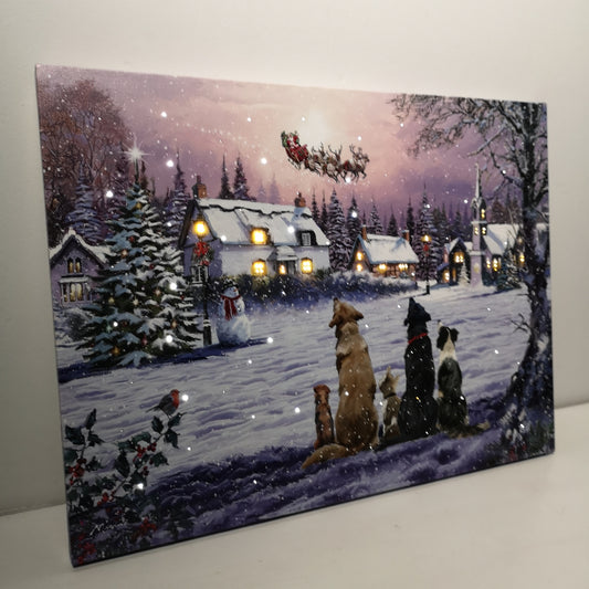 40 x 30cm Tap Activated Fibre Optic Christmas Wall Art Canvas with Dogs Watching Santa Scene