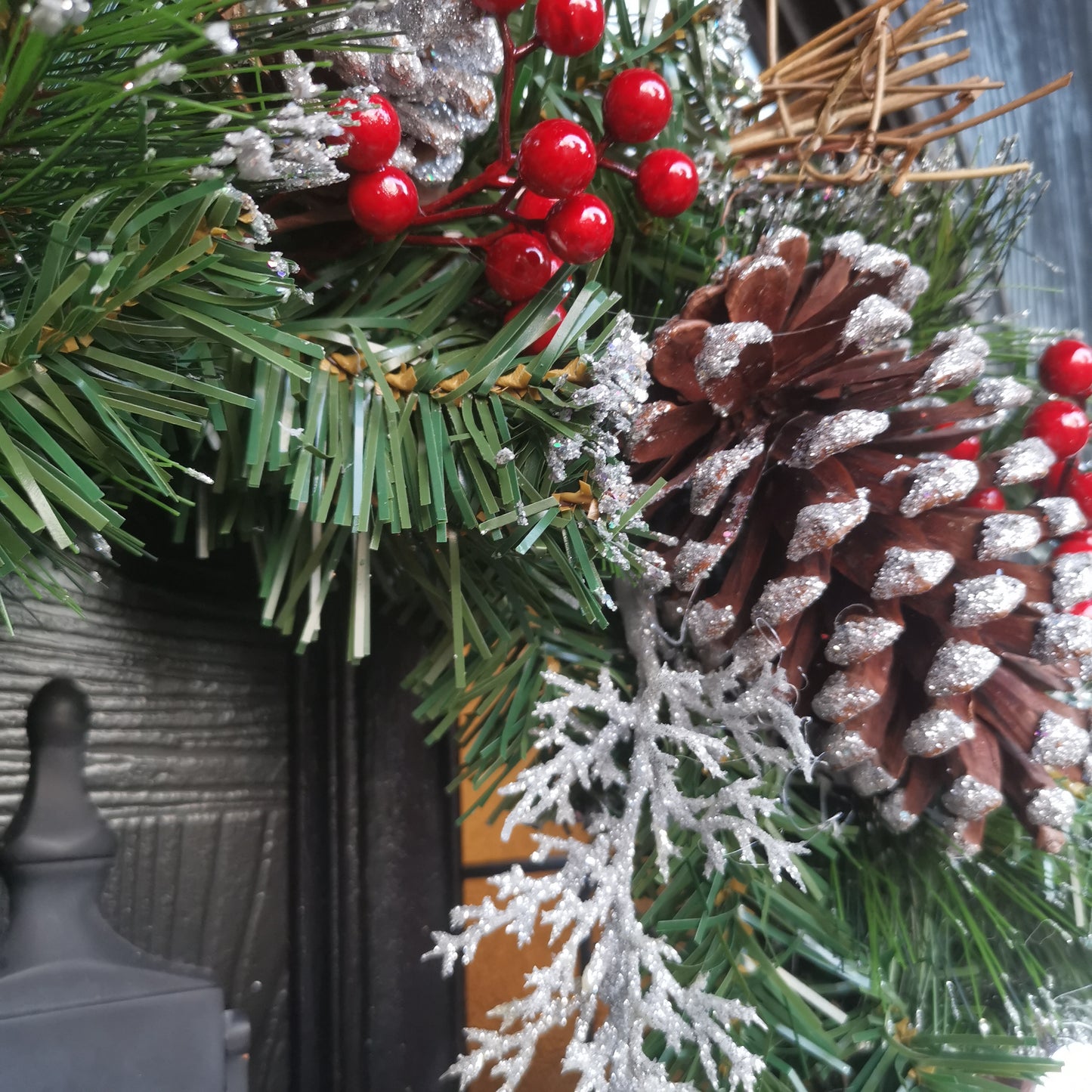 The Tree Company 40cm Festive Silver Dressed Christmas Wreath With Pinecones and Red Berries