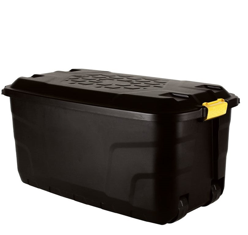 75L Heavy Duty Trunk on Wheels Sturdy, Lockable, Stackable and Nestable Design Storage Chest with Clips in Black