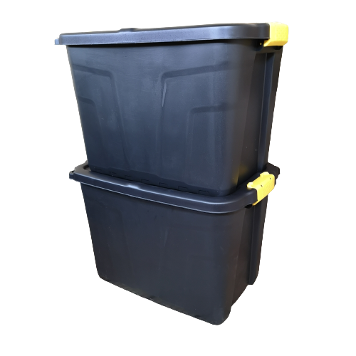 2 x 60L Heavy Duty Storage Tubs Sturdy, Lockable, Stackable and Nestable Design Storage Chests with Clips in Black