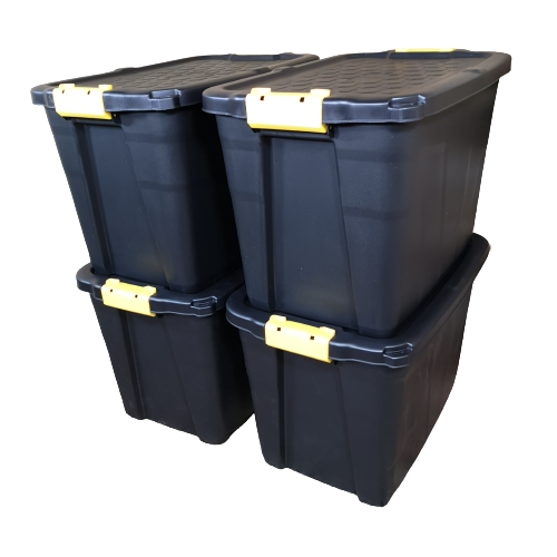 4 x 60L Heavy Duty Storage Tubs Sturdy, Lockable, Stackable and Nestable Design Storage Chests with Clips in Black