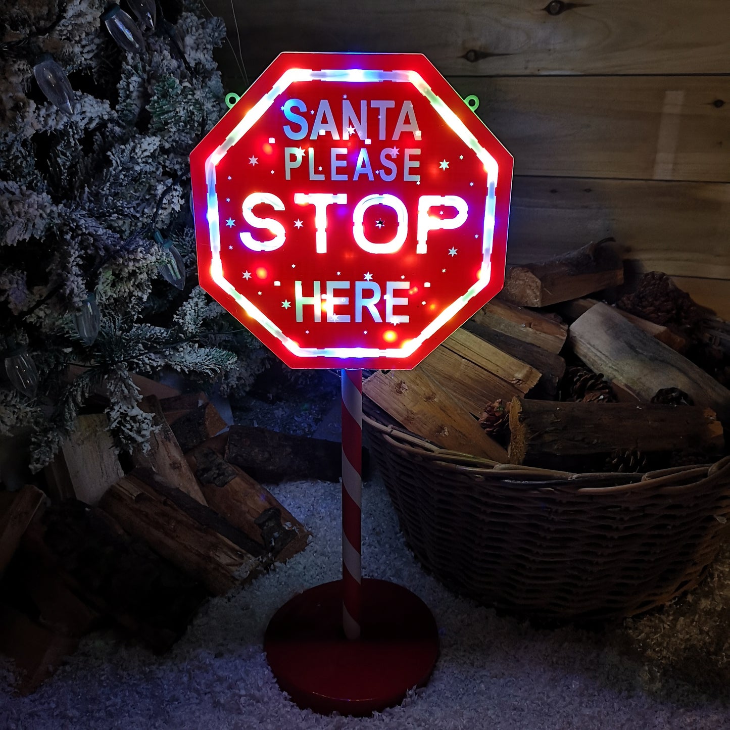 65cm Light Up Christmas Red and White Santa Stop Here Outdoor Sign with 45 Multi Colour LED