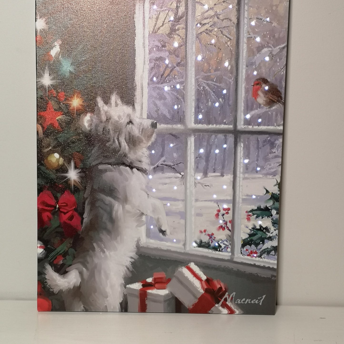 Snowtime Christmas 40cm x 30cm Festive Dog & Robin Fibre Optic Wall Canvas