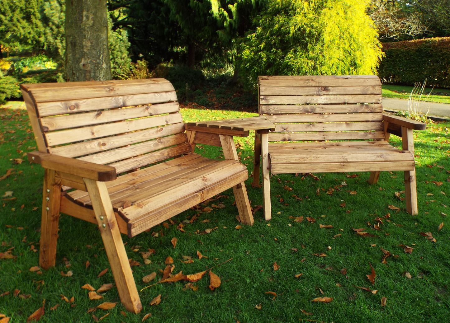 Hand Made 4 Seater Chunky Rustic Wooden Furniture Set 2 Benches With Angled Tray