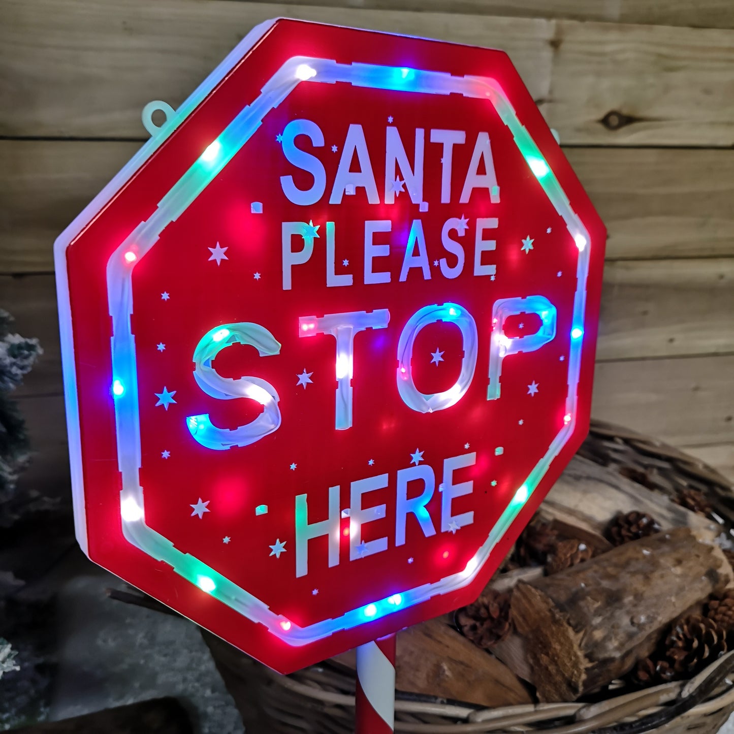 65cm Light Up Christmas Red and White Santa Stop Here Outdoor Sign with 45 Multi Colour LED