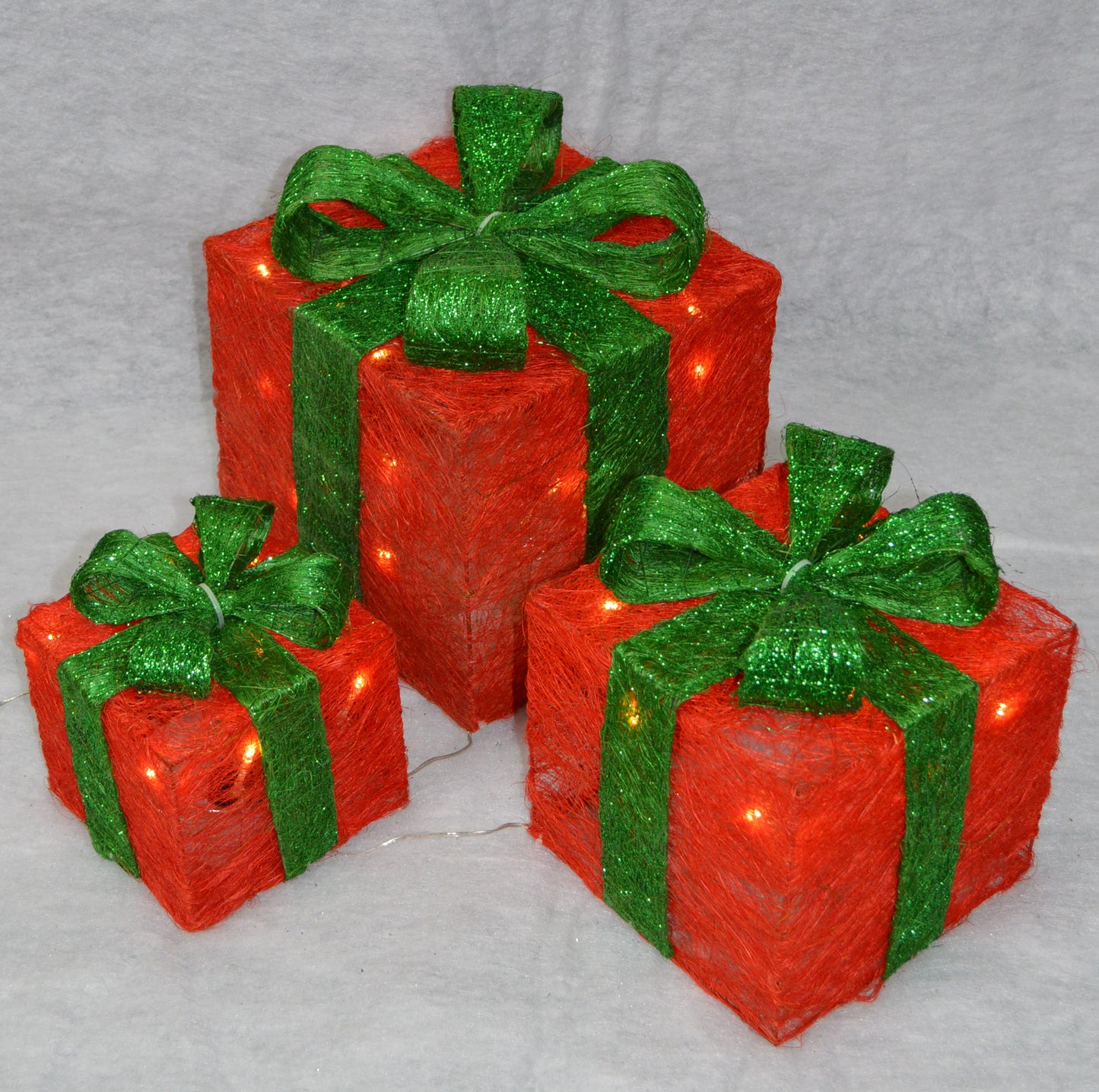 Premier Christmas Set of 3 Glitter Parcels in Red with Green Bow & LED Lights Mains Operated