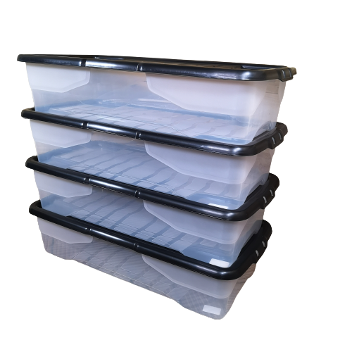 4 x 42L Clear Under Bed Storage Box with Black Lid, Stackable and Nestable Design Storage Solution