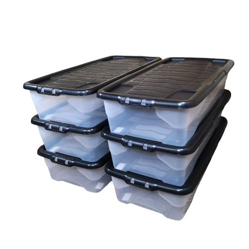 6 x 42L Clear Under Bed Storage Box with Black Lid, Stackable and Nestable Design Storage Solution