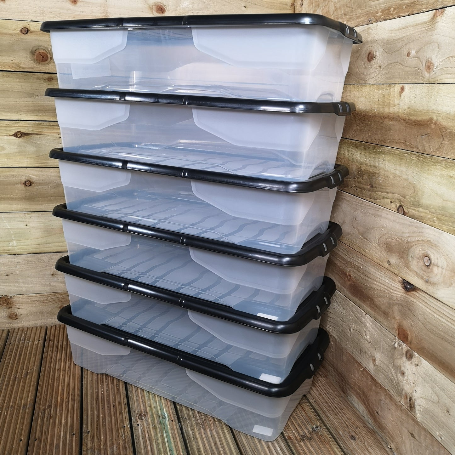 6 x 42L Clear Under Bed Storage Box with Black Lid, Stackable and Nestable Design Storage Solution