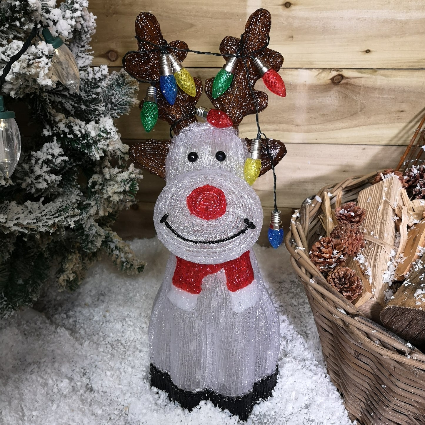 50cm Outdoor Acrylic Sitting Ice White Christmas Reindeer with Multi Coloured LED Lights on Antlers