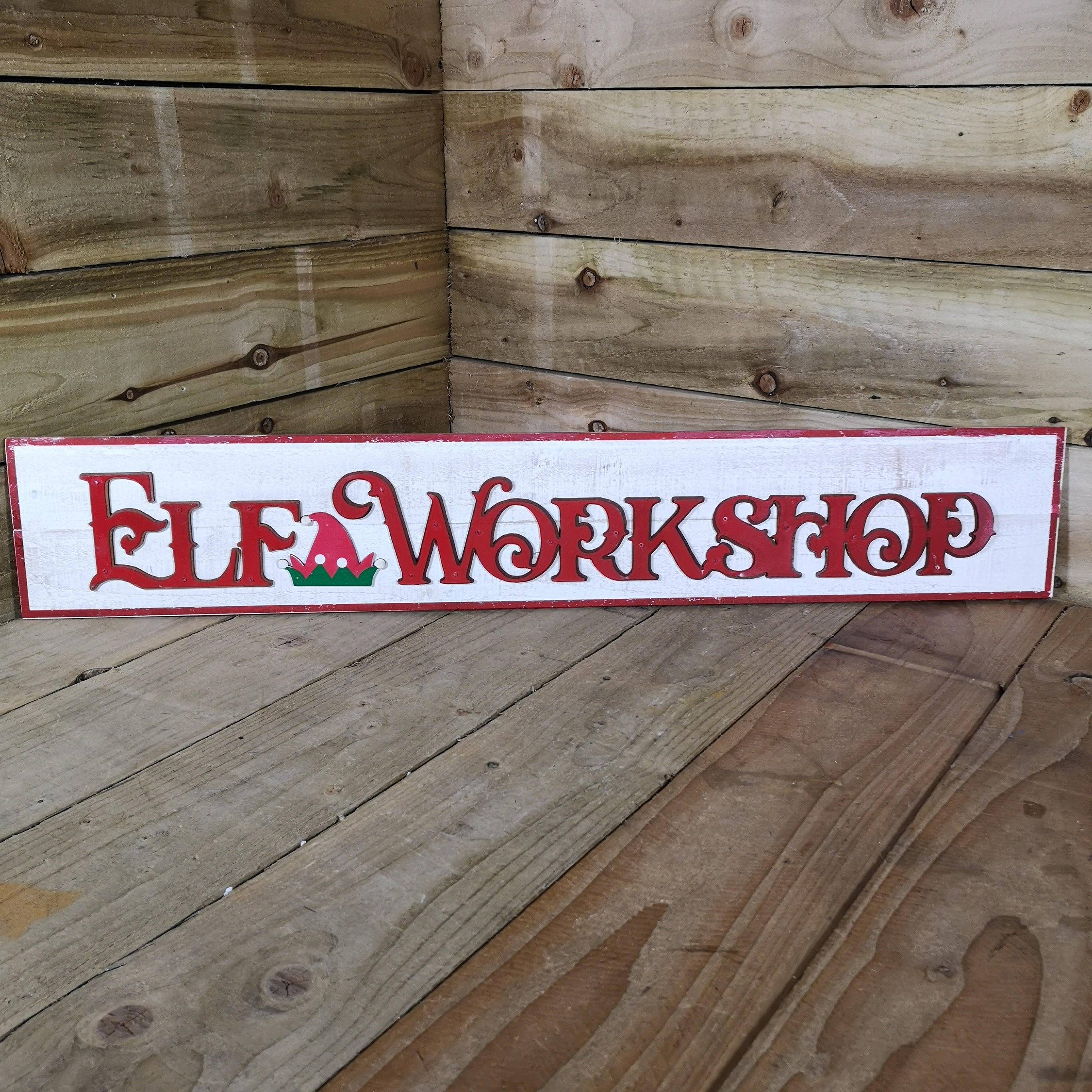 92cm Wooden White Washed Christmas Elf Workshop Sign with Red Letters