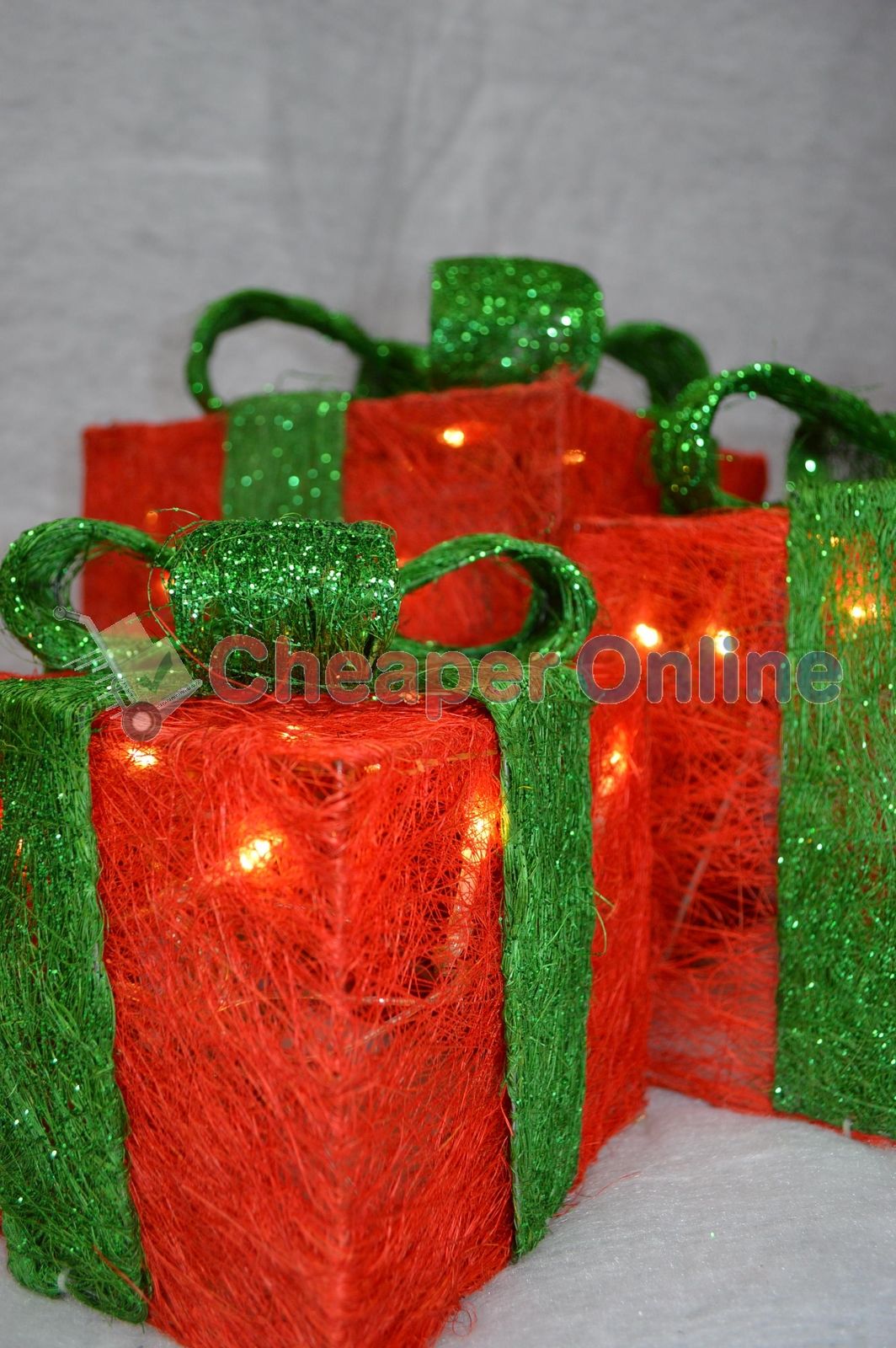 Premier Christmas Set of 3 Glitter Parcels in Red with Green Bow & LED Lights Mains Operated