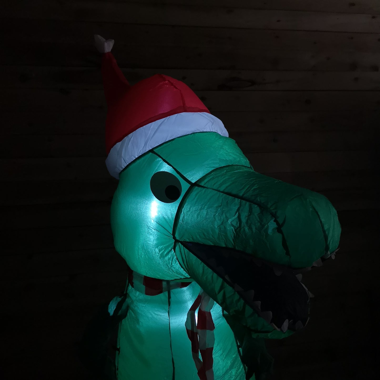 2.1m Premier Christmas Indoor Outdoor LED Inflatable T Rex Dinosaur in Santa Hat with Parcel