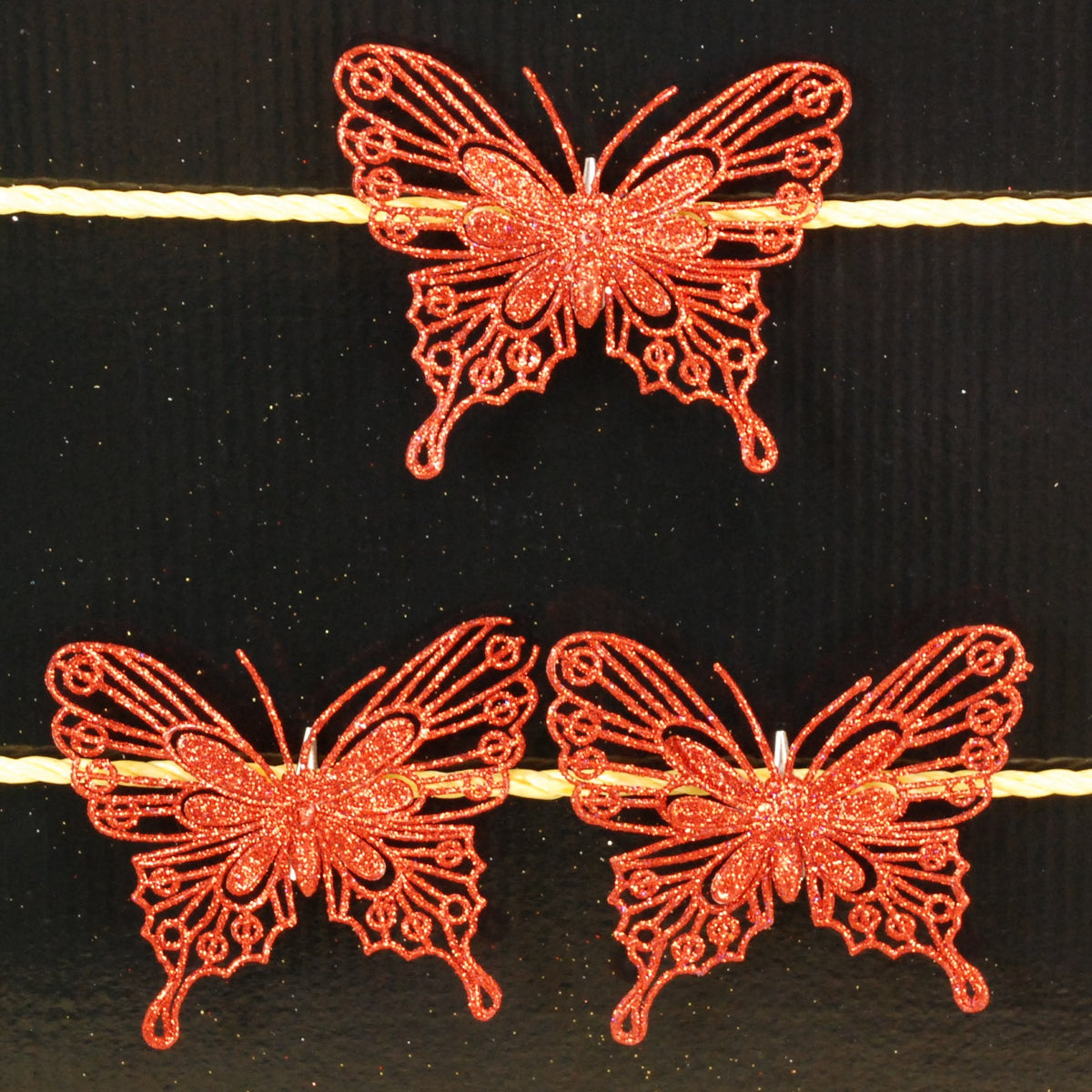 Set of 3, 10cm Wide Christmas Decoration Glitter Butterflies/ Butterfly Clips - Red